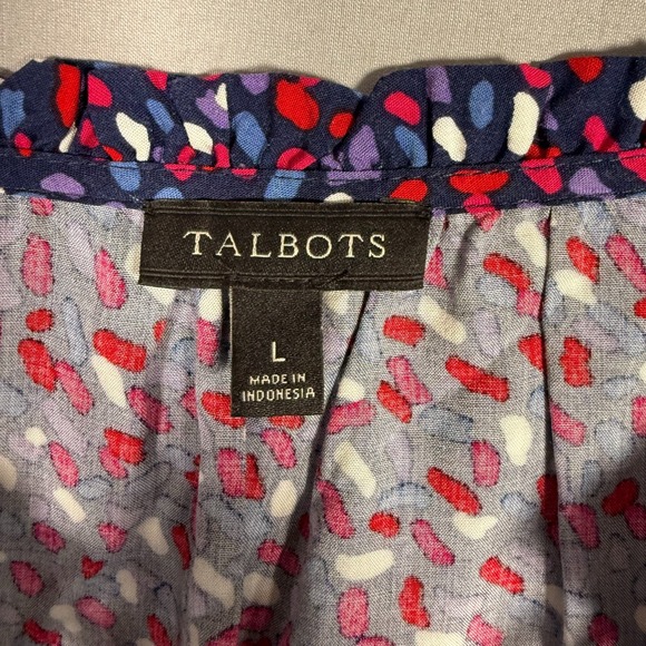 Talbots Blouse Women's Large Blue Pink Purple Long Sleeve‎ Top Large Tie Stretch - Picture 3 of 5